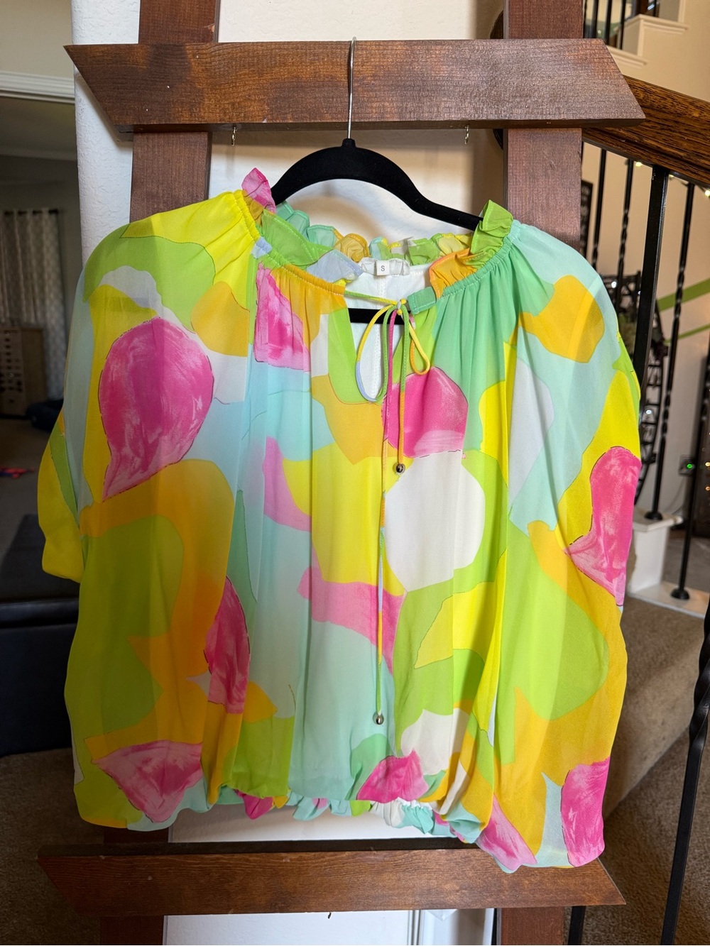 entro Bright Floral Puff Sleeve Blouse in Yellow, Pink & Mint